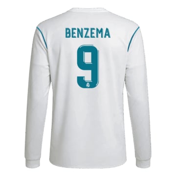 Men's Replica adidas Real Madrid Home Long Sleeve Jersey 17/18 BENZEMA #9